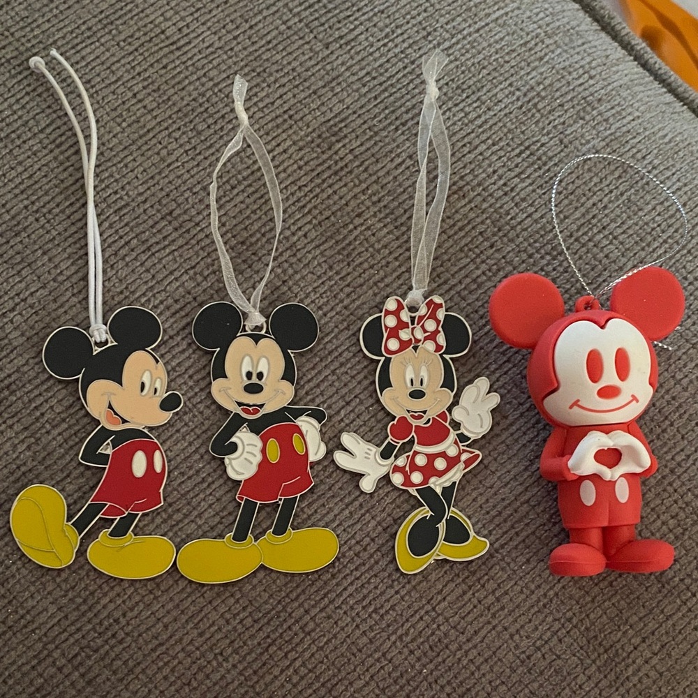 Disney Mickey and Minnie Mouse Ornament Lot - 3 metal 1 rubber